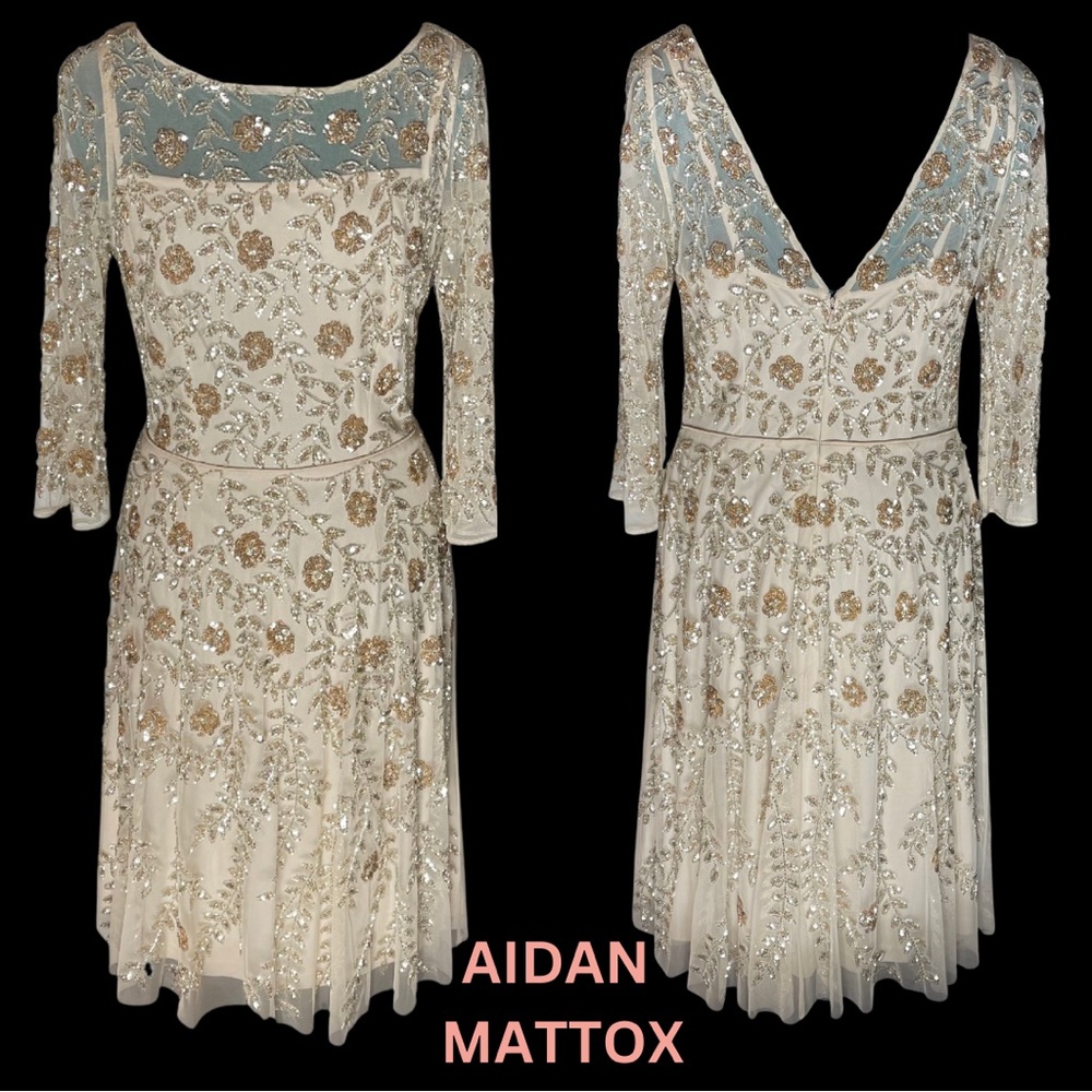 AIDAN MATTOX GLAM APPLIQUÉD NATURAL TULLE EVENING DRESS WITH SEQUINS & BEADS
